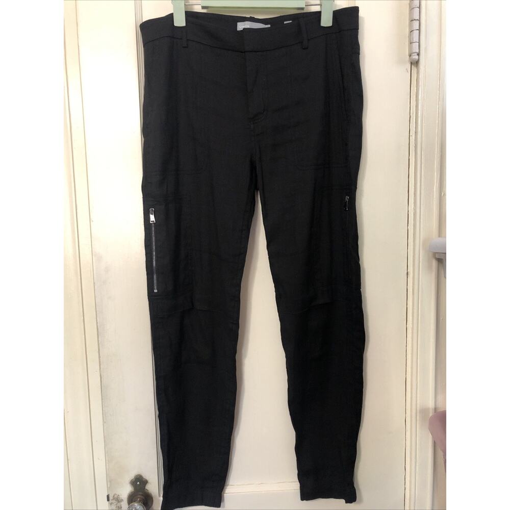 Vince Joggers Size 4 Black Linen Blend Cargo Zip Pocket Tapered Leg Ankle Casual